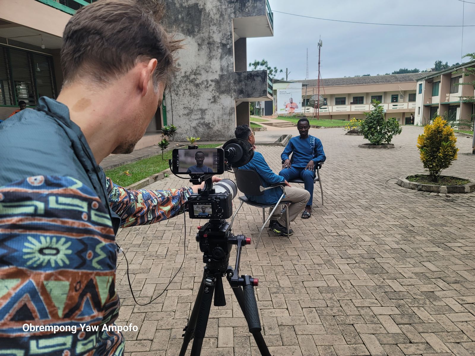 Crew setting up an interview with an academic at the University of Mines and Technology (UMaT) in Tarkwa